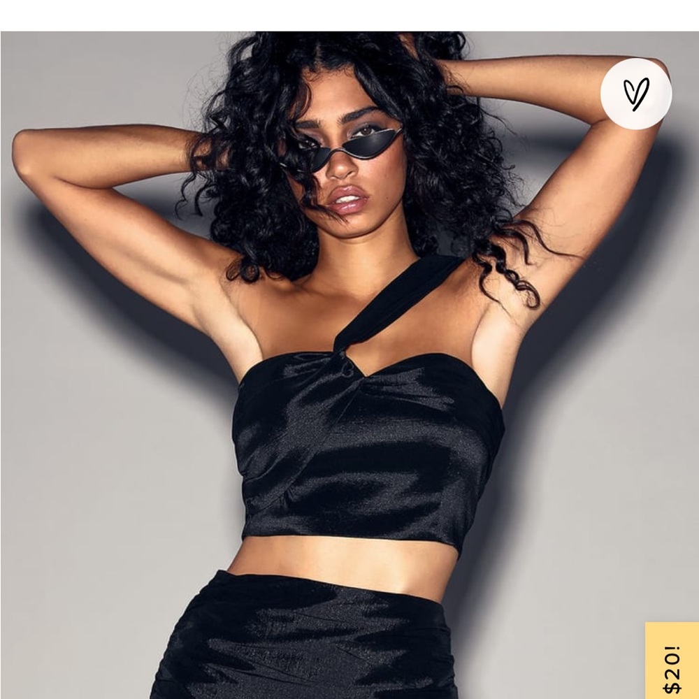 Party Queen Black Satin One-Shoulder Asymmetrical Crop Top